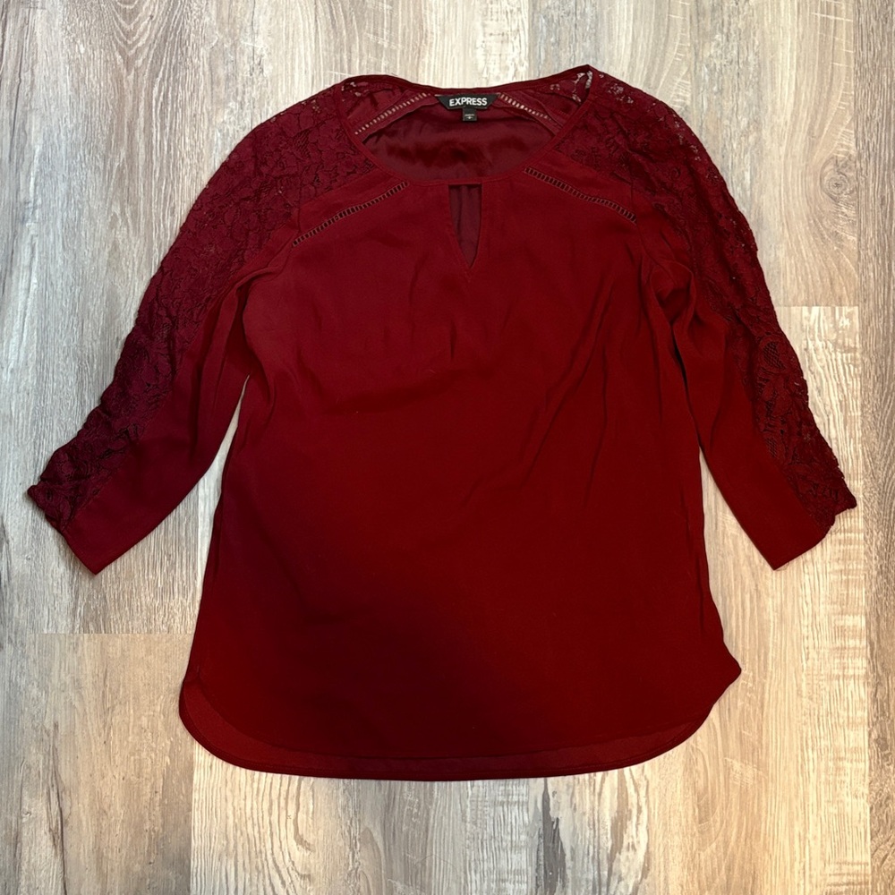 Express Women's Deep Red Lace Sleeve Blouse